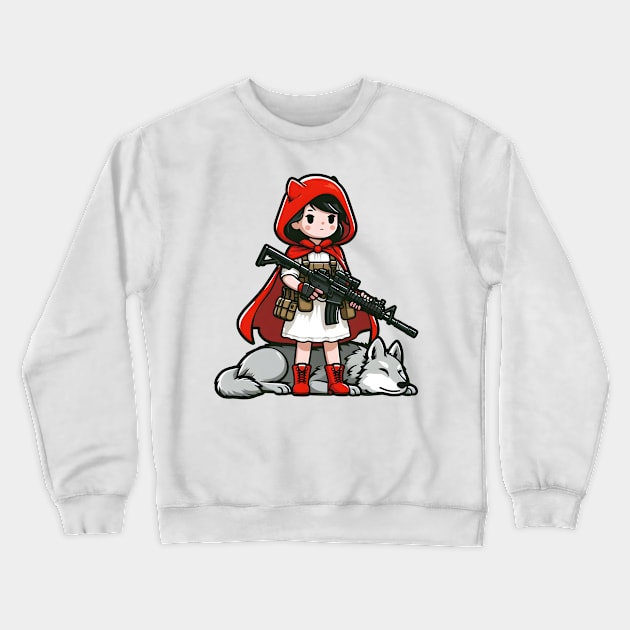 Tactical Little Red Riding Hood Adventure Tee: Where Fairytales Meet Bold Style Crewneck Sweatshirt by Rawlifegraphic